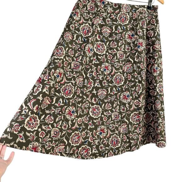 Talbots Silk Floral Midi Skirt in Olive Green Red Boho Print Zip Side, Size 12P - Picture 5 of 7